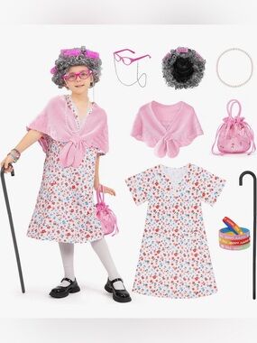 Kids Girl 100 Days of School Costume, Old Lady 5-7age.,Halloween Cosplay Dressup